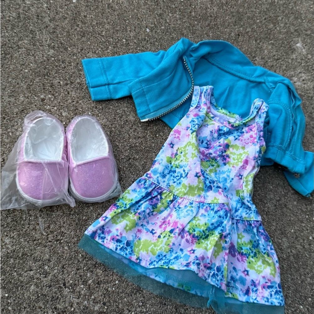 American Girl Blue Jacket and Floral Dress Set with Pink Shoes